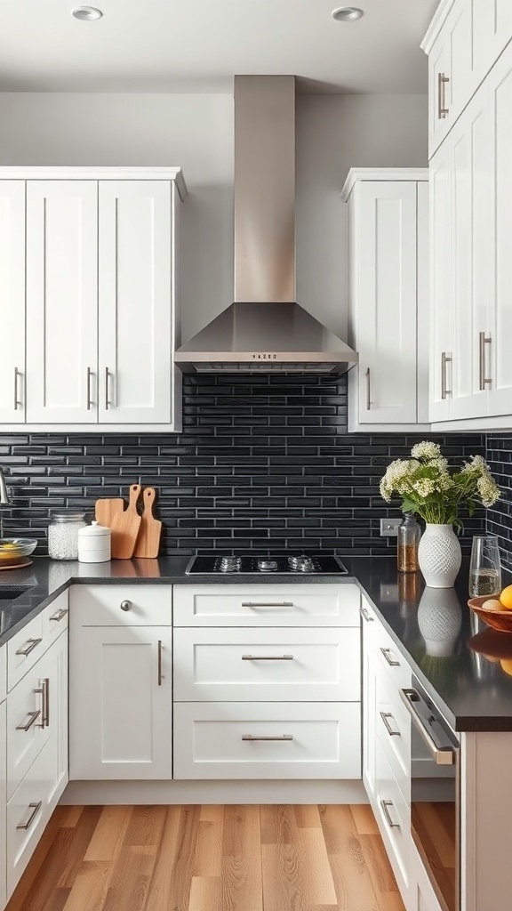 Modern kitchen with black enamel backsplash and white cabinets