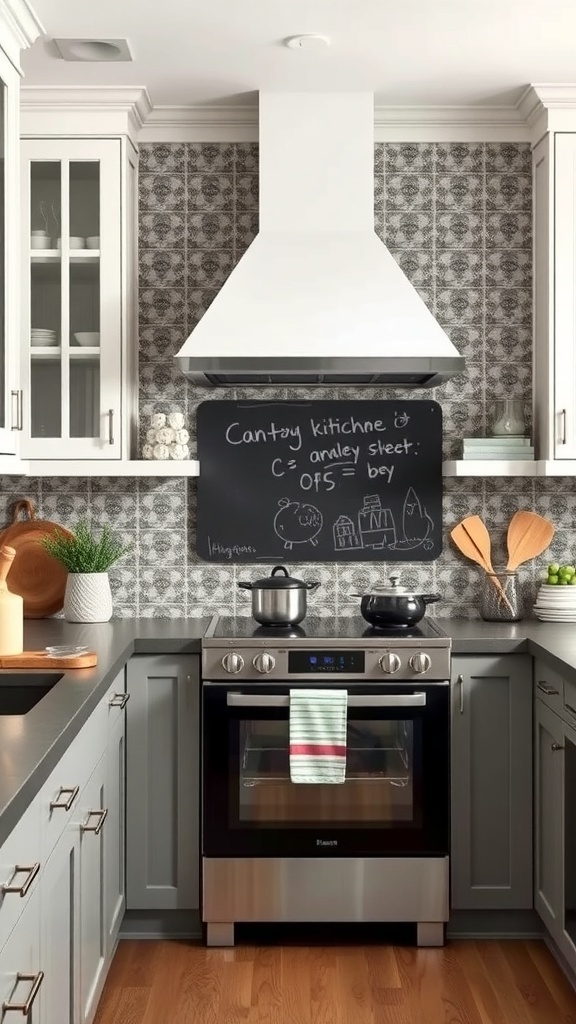 A kitchen with a chalkboard paint backsplash, grey cabinets, and patterned tiles.