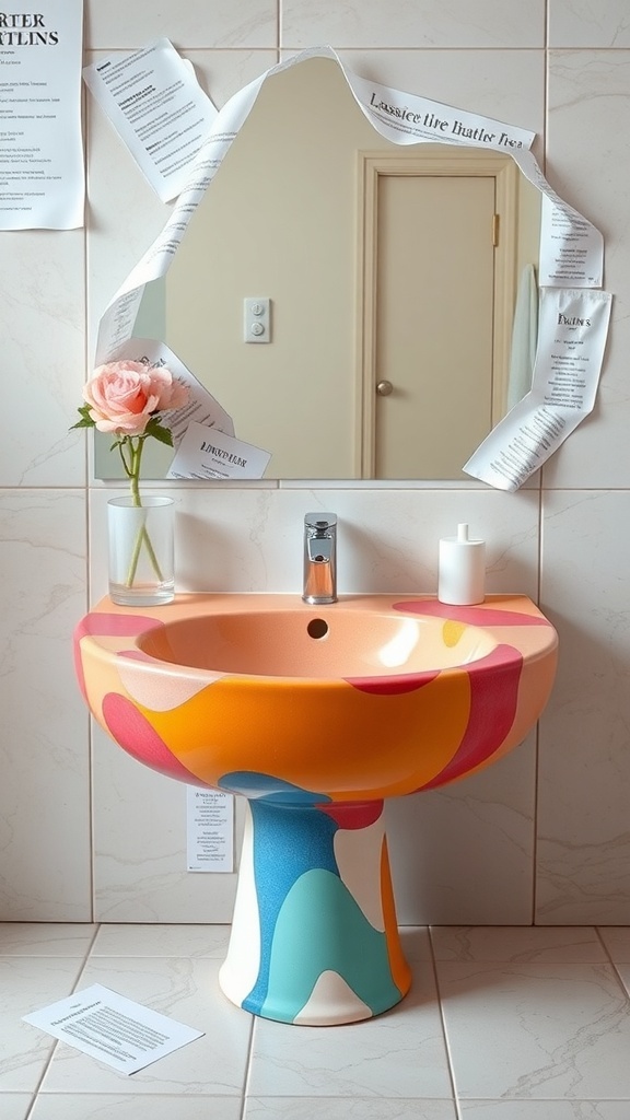 A colorful artistic sink with a playful design in a modern bathroom setting.