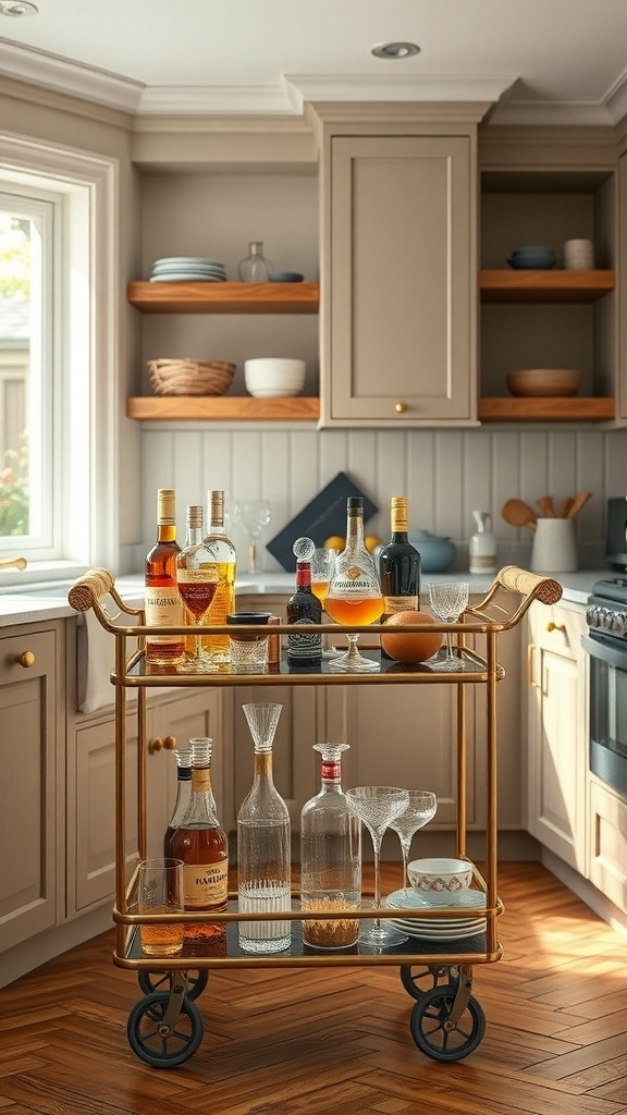 Stylish bar cart setup in a modern kitchen with various bottles and glassware.