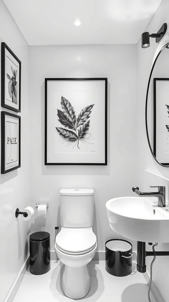 Stylish black and white bathroom with leaf artwork and modern fixtures