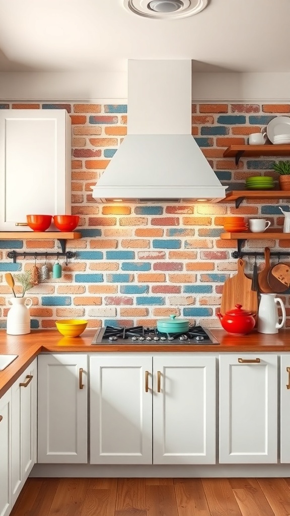 Colorful painted brick backsplash in a modern kitchen with white cabinets and wood accents.
