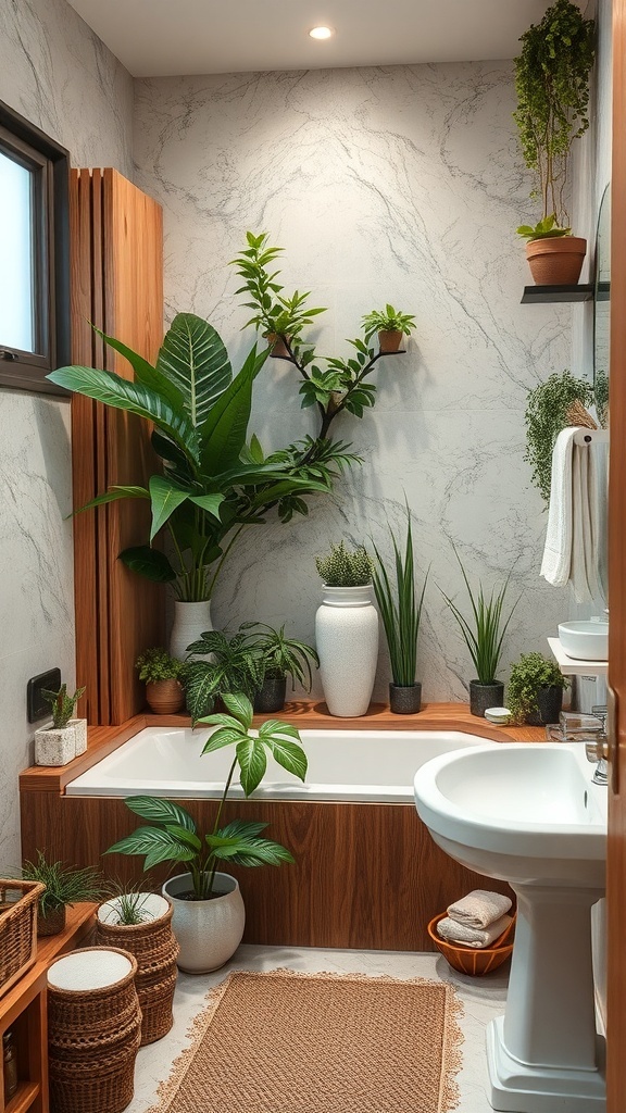 A serene bathroom decorated with various plants, wooden accents, and neutral tones.