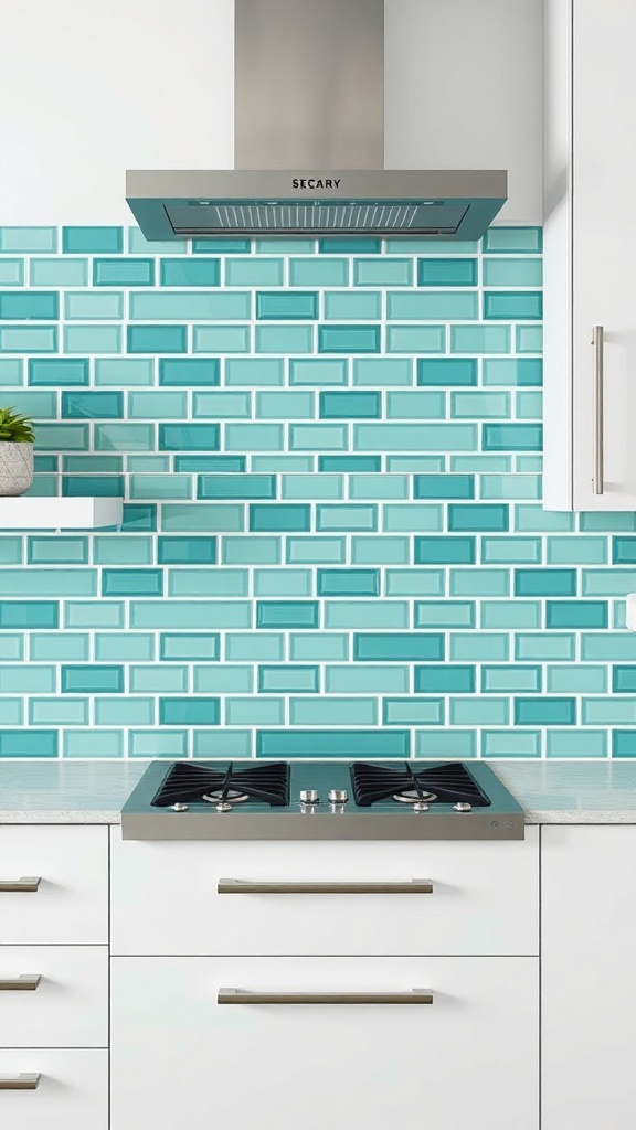Aqua green glass tile backsplash in a modern kitchen with white cabinets and a gas stove.