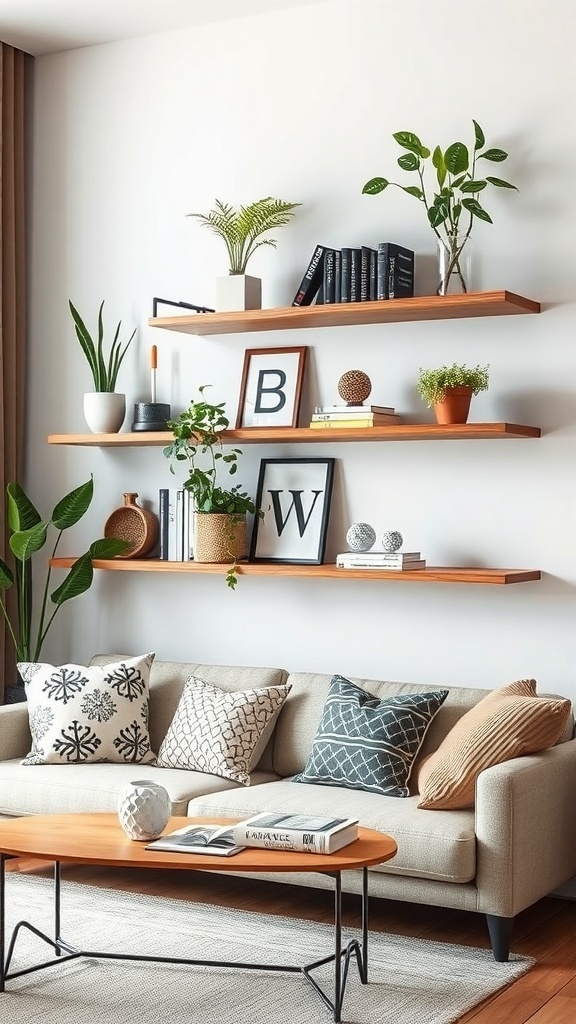 A cozy living room with floating shelves above a couch, displaying plants, books, and decorative items.