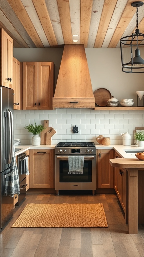 A modern farmhouse kitchen featuring wooden cabinets, a stainless steel stove, and textured elements like a woven rug and subway tiles.