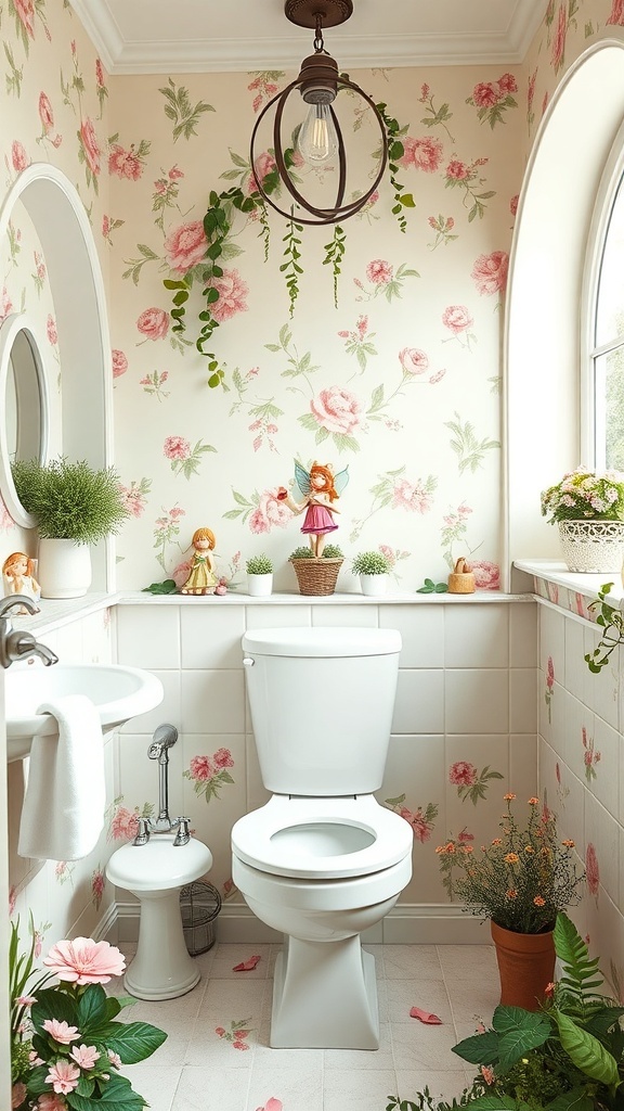 A charming kids bathroom decorated with floral wallpaper, fairy figurines, and plants.