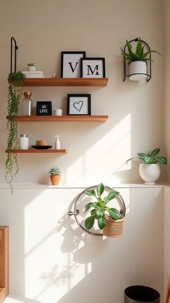 Stylish bathroom wall shelves with plants and framed art