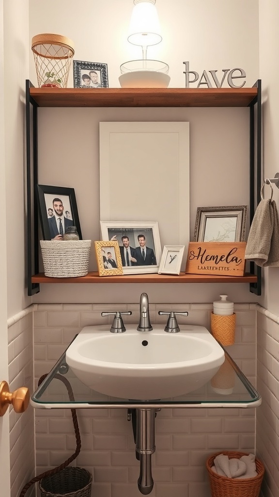 A bathroom shelf featuring personalized photo frames, decorative items, and a sink.