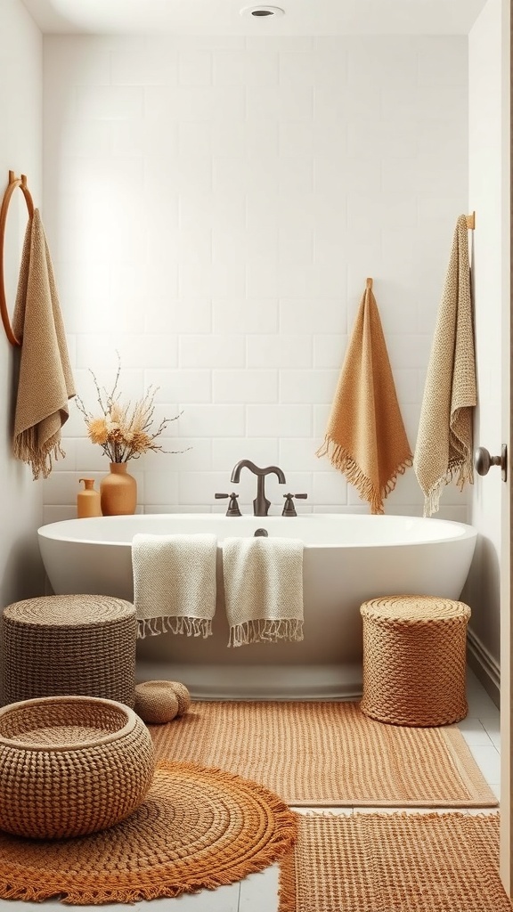 A farmhouse bathroom featuring natural fiber textiles, including woven towels and rugs in earthy tones.