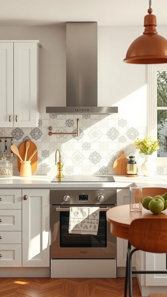 Aesthetic kitchen with unique patterned backsplash, white cabinets, and warm lighting.