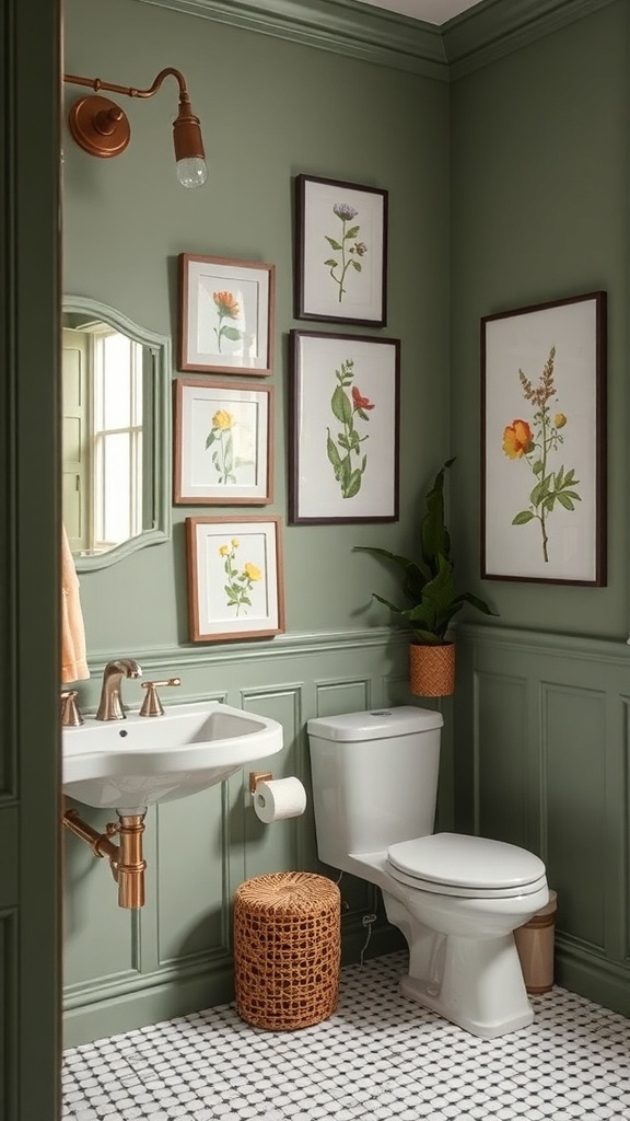 A bathroom with sage green walls and botanical wall art in elegant frames.