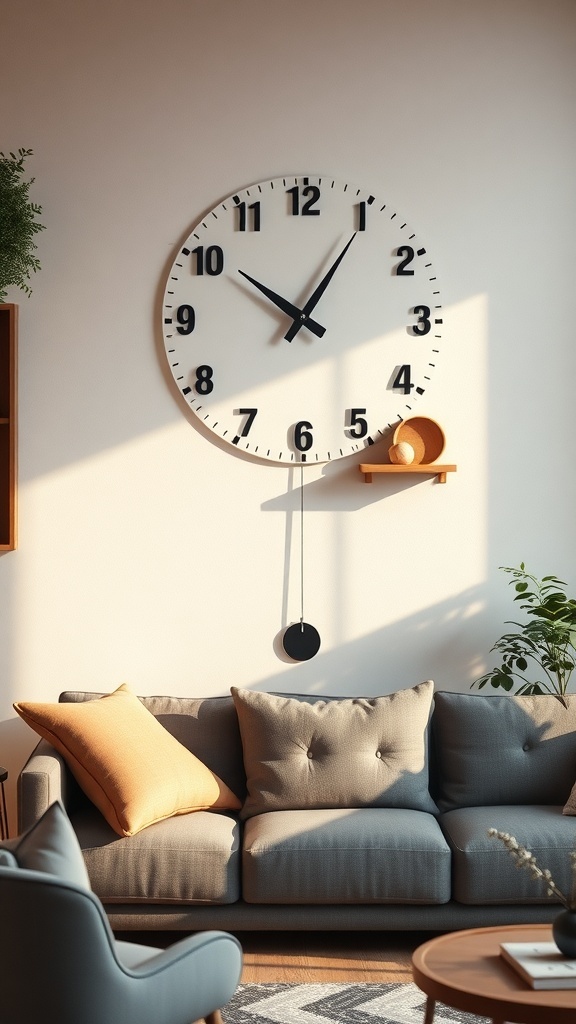 A large wall clock with shelves above a cozy sofa in a living room