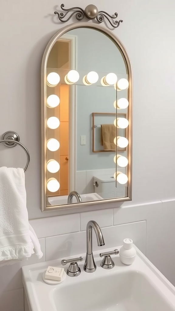 A stylish bathroom mirror with round bulbs and an elegant frame above a sink.