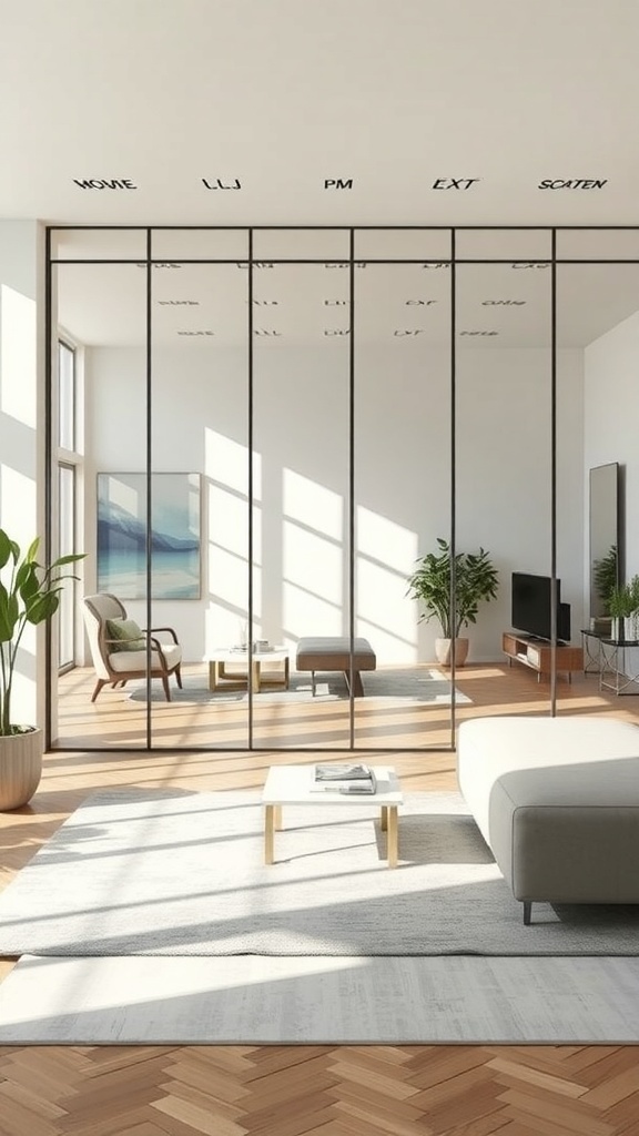 A modern living room featuring mirrored wall panels, bright sunlight, and minimalist furniture.