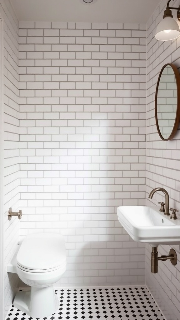 A bathroom featuring white subway tiles on the walls, a black and white tiled floor, a round mirror, and a modern sink.