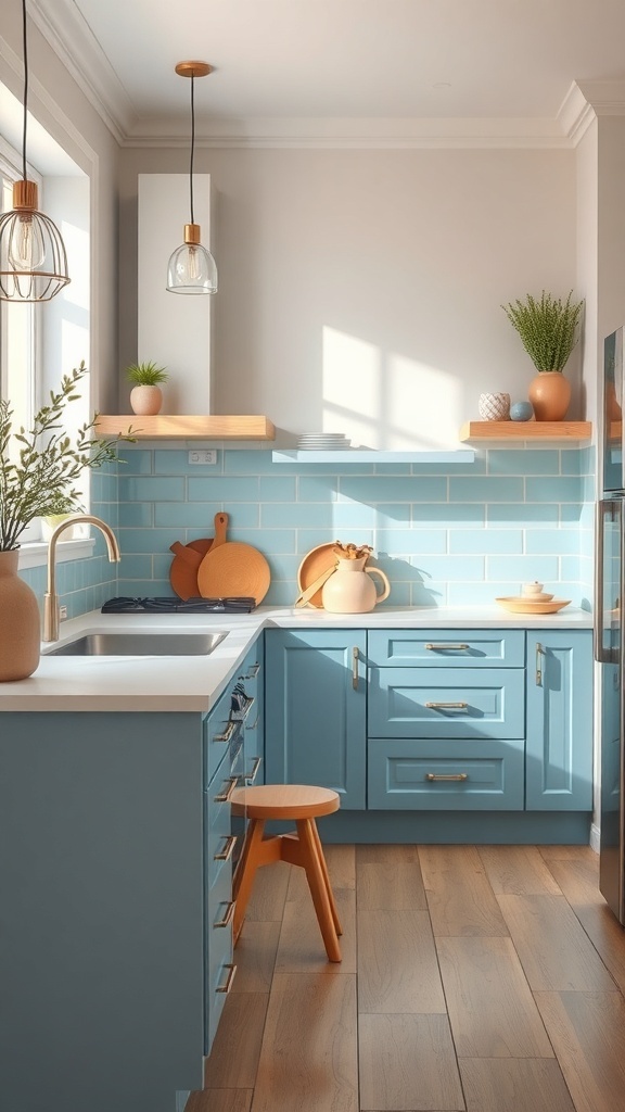 A modern kitchen featuring soft blue pastel cabinets with wooden accents and a light backsplash.