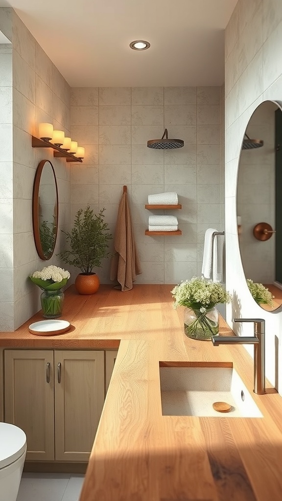 A cozy bathroom with a rustic wood finish countertop, light tiles, and decorative plants.