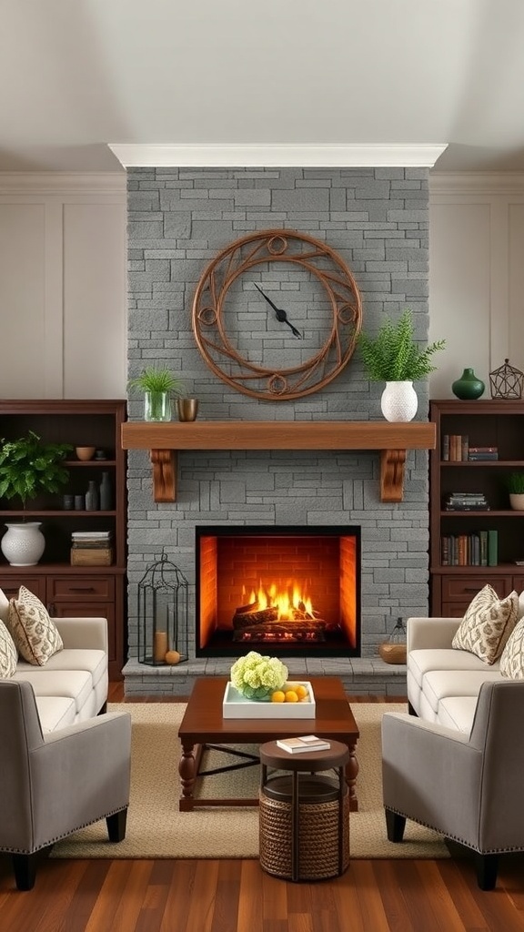 Cozy farmhouse family room with a stone fireplace, wooden mantel, and comfortable seating.