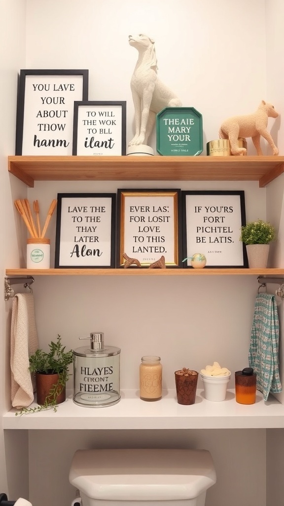 A whimsical bathroom shelf decorated with framed quotes, a dog statue, and small plants.