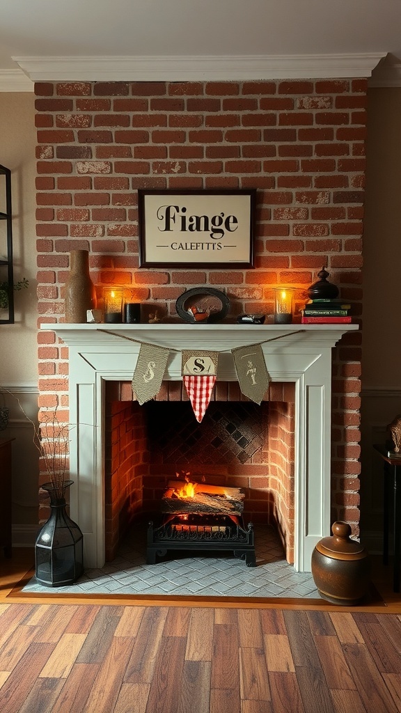 A cozy brick fireplace with a stenciled sign, candles, and decorative elements.