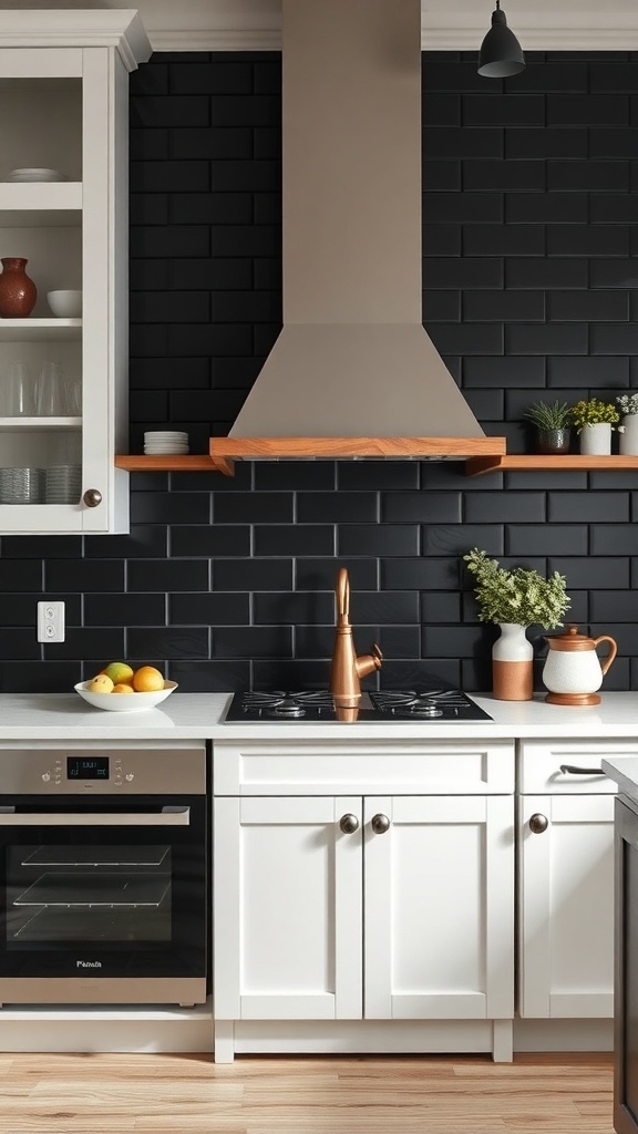 A modern kitchen featuring matte black shiplap backsplash with white cabinets and a sleek countertop.
