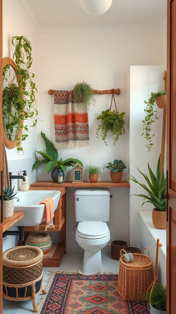 A cozy bathroom decorated with natural elements, including plants, woven textiles, and wooden accents.