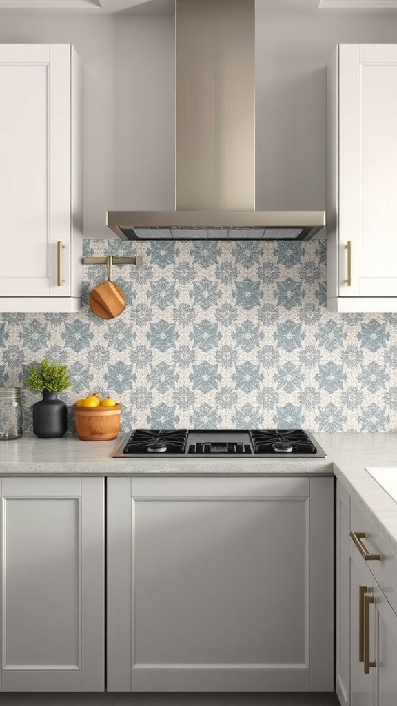 A kitchen with a patterned cement tile backsplash in blue and white, featuring modern appliances and light cabinetry.