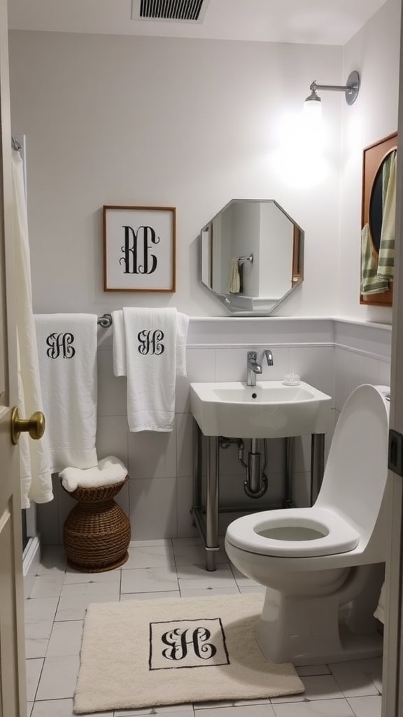 A stylish bathroom featuring monogrammed towels, a bath mat, and a framed monogram on the wall.