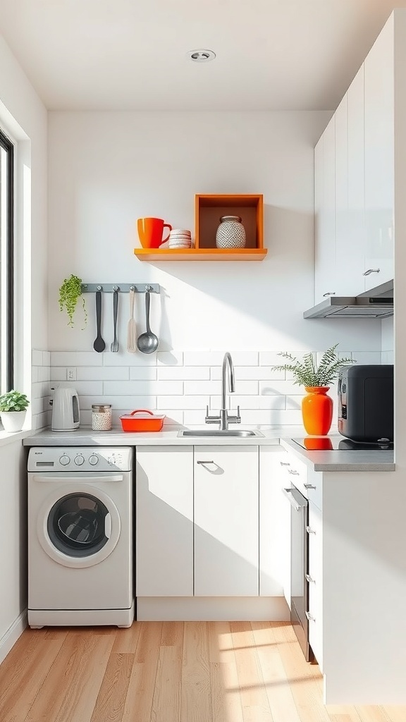 A small kitchen featuring bright natural light, a compact layout, and colorful accents including orange shelves and mugs.