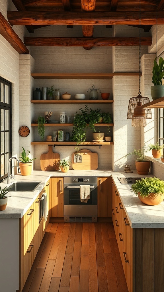 A cozy kitchen featuring wooden beams, natural wood cabinetry, and plants, blending modern and rustic styles.