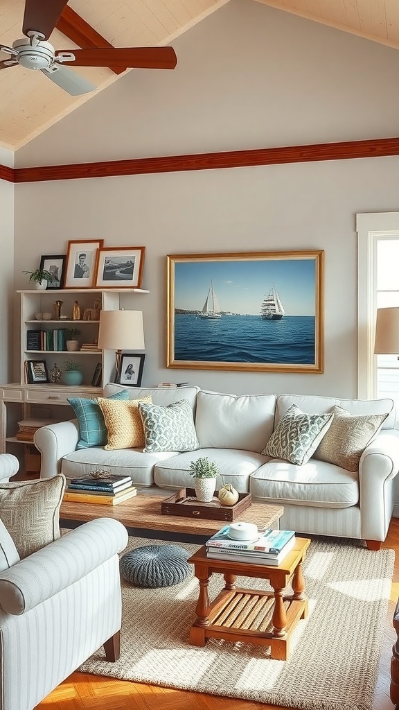Coastal farmhouse living room with a comfortable sofa, decorative pillows, wooden coffee table, and nautical artwork.