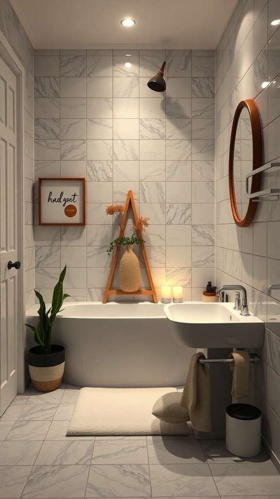 A serene bathroom with a bathtub, soft lighting, plants, and calming decor.