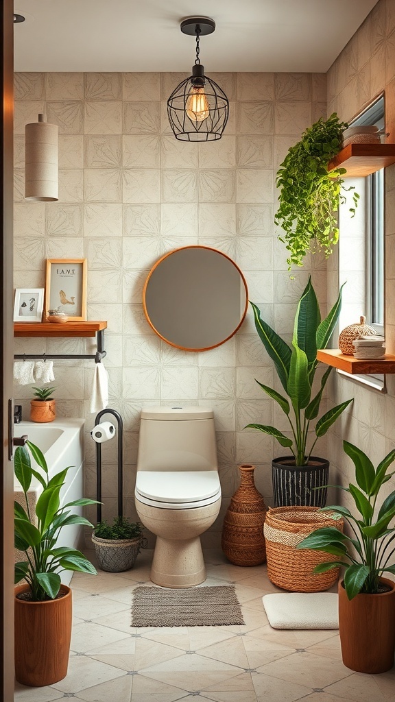 A stylish bathroom featuring earthy neutral tones, plants, and wooden accents.