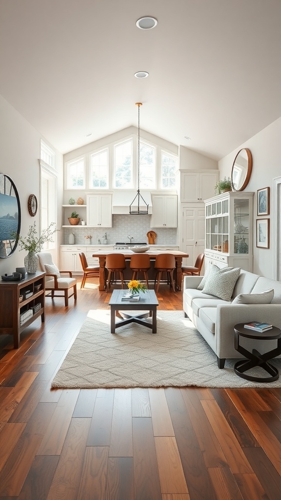 A bright farmhouse family room with an open floor plan, featuring a cozy living area and a dining space.