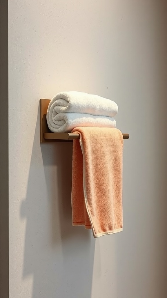 A modern towel holder with neatly rolled white and peach towels.
