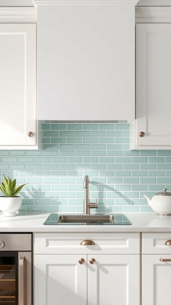 A kitchen featuring a seafoam green tile backsplash with white cabinets and a modern sink.