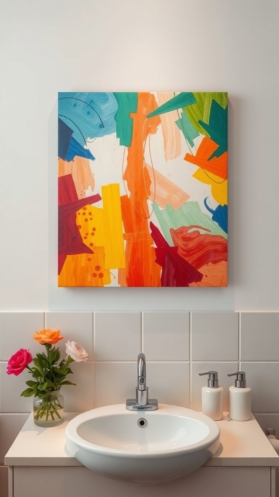 Colorful abstract painting on a bathroom wall above a sink with flowers