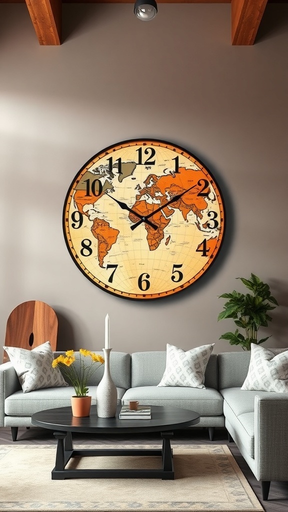 Vintage map wall clock in a modern living room setting