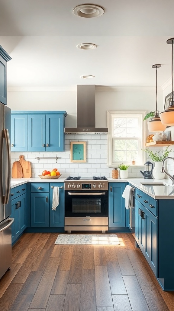 A modern kitchen featuring light blue cabinets, stainless steel appliances, and a white subway tile backsplash.