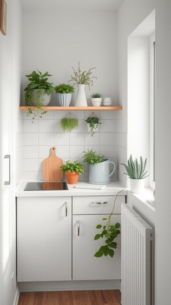 A small kitchen featuring plants on wall-mounted shelves, a compact design with bright natural light.