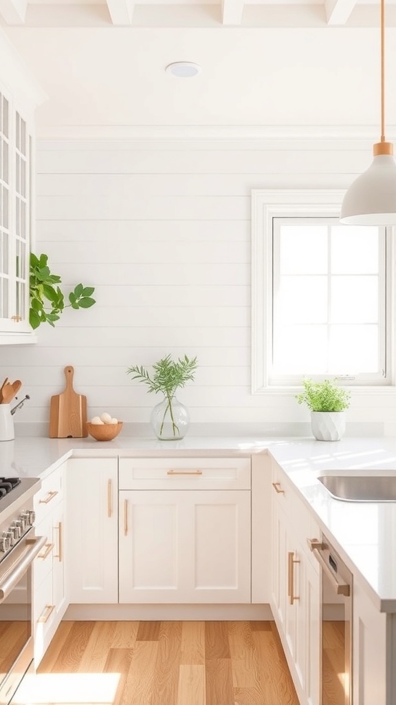 A bright kitchen with white shiplap walls, modern cabinetry, and wooden flooring, featuring plants for a fresh look.