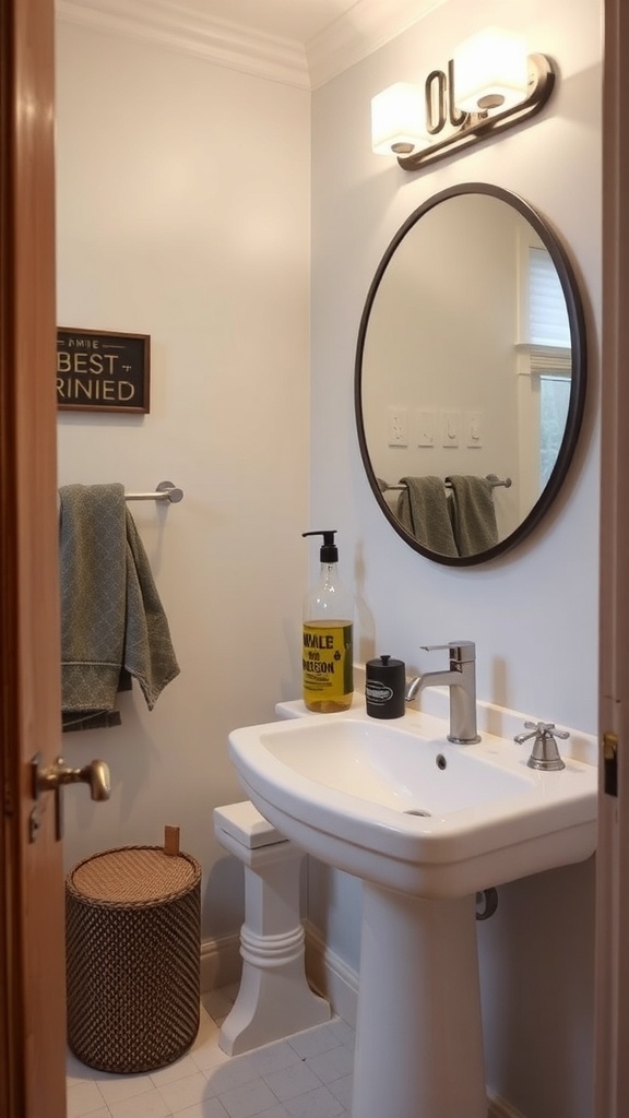 A cozy apartment bathroom featuring a round mirror, stylish soap dispenser, woven basket for storage, and a towel rack.