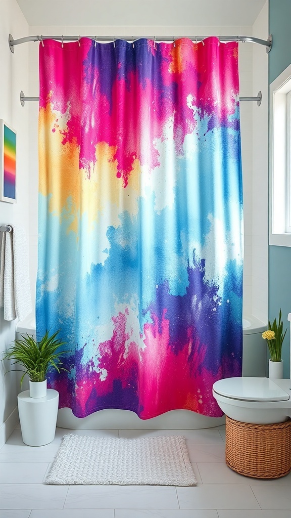 A colorful shower curtain with pink, blue, and orange watercolor design in a modern bathroom