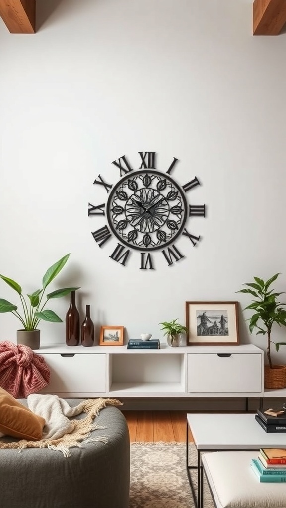A stylish cultural art clock with floral motifs and Roman numerals on a living room wall.