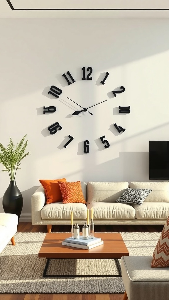 A modern living room featuring a sculptural wall clock with large black numbers on a white wall, complemented by a cozy sofa and stylish decor.