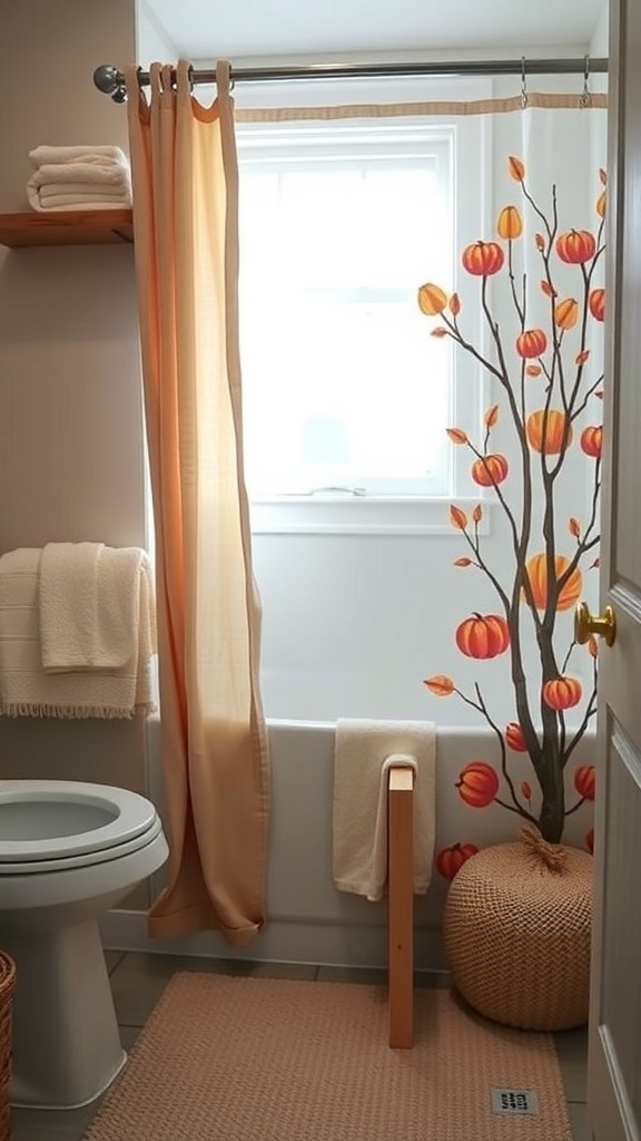 A cozy bathroom decorated for fall with a pumpkin-themed shower curtain, soft towels, and a woven basket.