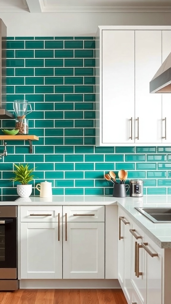 A modern kitchen featuring emerald subway tiles as a backsplash, complemented by white cabinets and wooden accents.