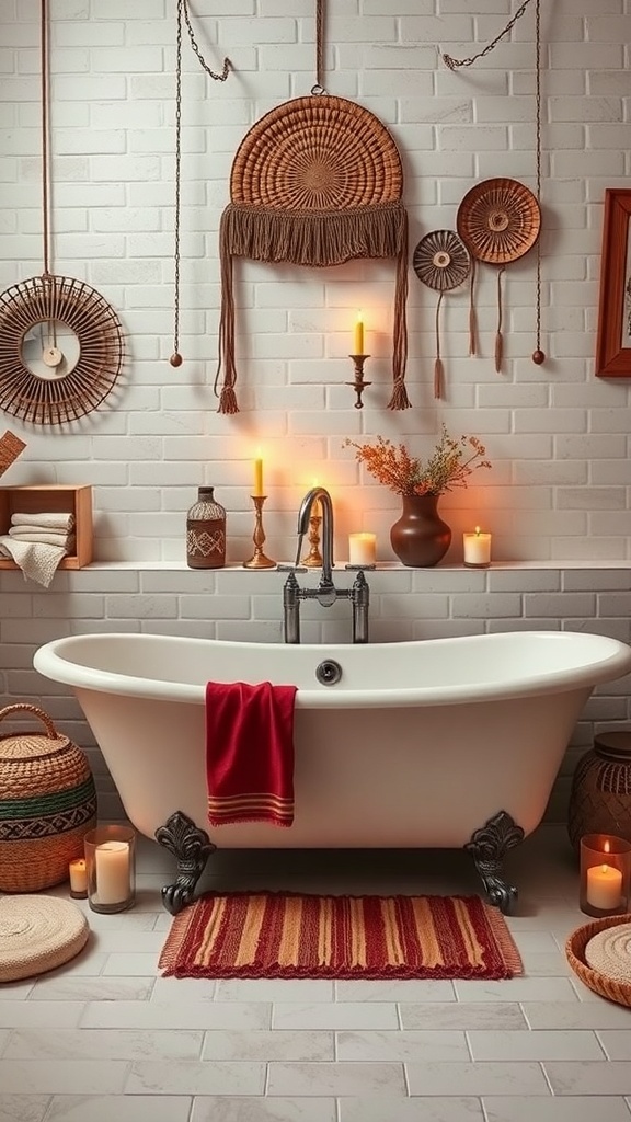 A cozy bohemian bathroom featuring a freestanding bathtub, woven wall decor, candles, and colorful textiles.