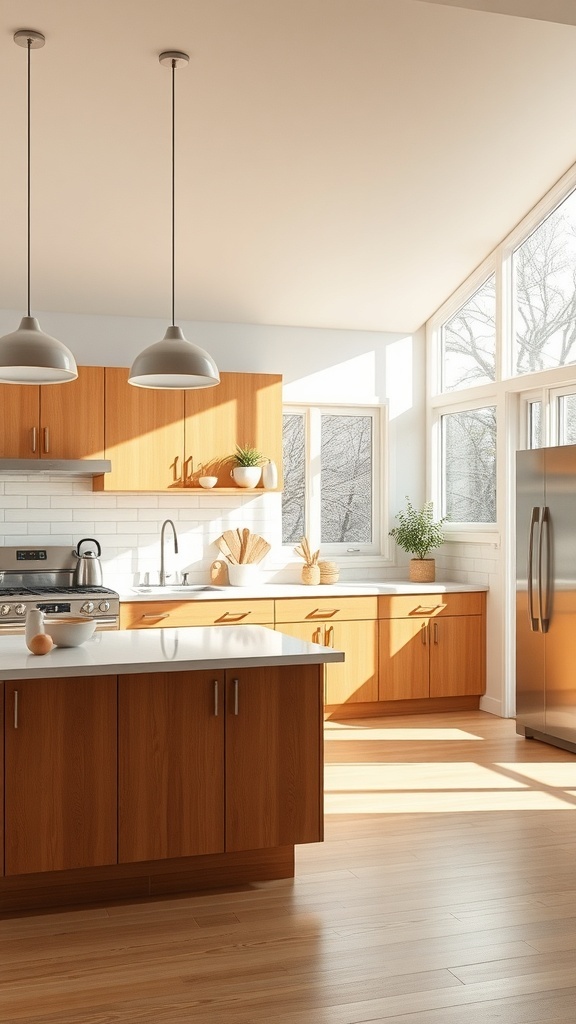 Bright and airy mid century modern kitchen with warm wood cabinets and large windows
